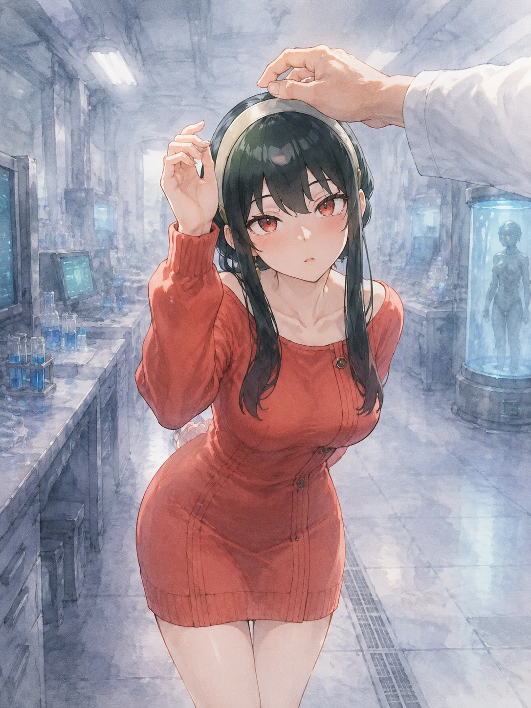 Nudging a hand for gentle head pats In a sterile cold underground research laboratory (soft watercolor wash, dreamy lighting)