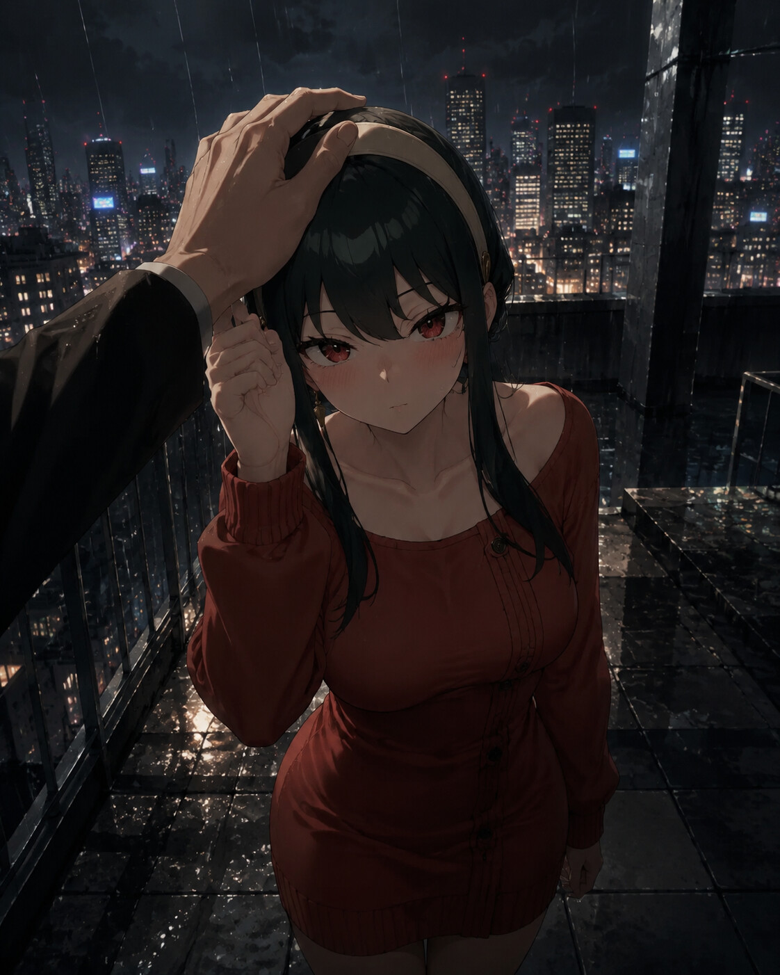 Nudging a hand for gentle head pats on a rainy rooftop overlooking the city skyline (cinematic noir)