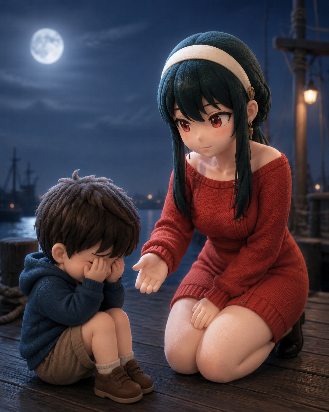 Offering a paw to comfort a crying child at the docks under a pale moonlight (fluffy 3D render)