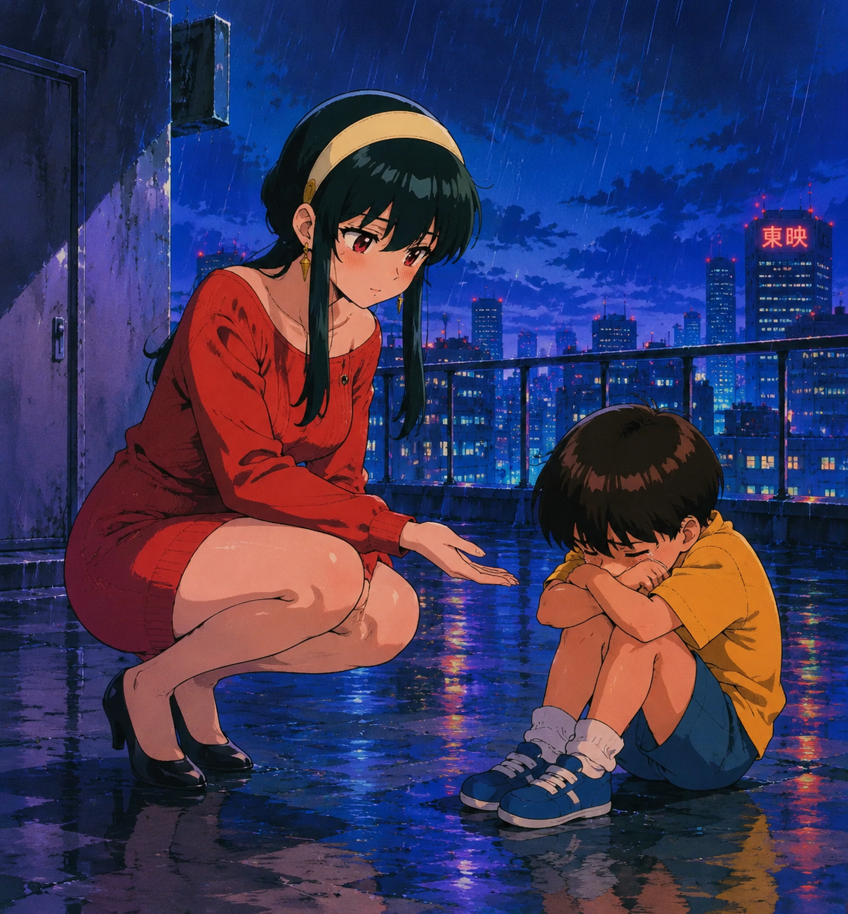 Offering a paw to comfort a crying child On a rainy rooftop overlooking the city skyline (classic 90s anime aesthetic, vibrant colors)