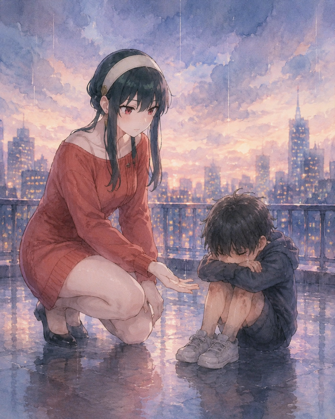 Offering a paw to comfort a crying child On a rainy rooftop overlooking the city skyline (soft watercolor wash, dreamy lighting)