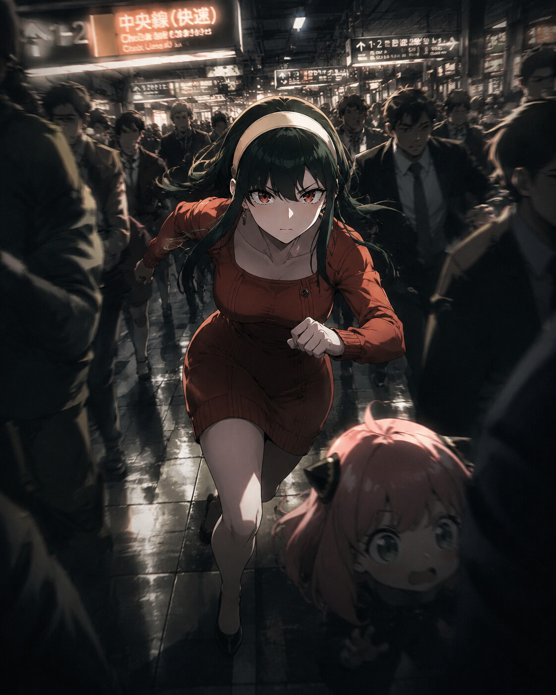Sprinting through a crowded street to save Anya at a bustling urban train station during rush hour (cinematic noir)