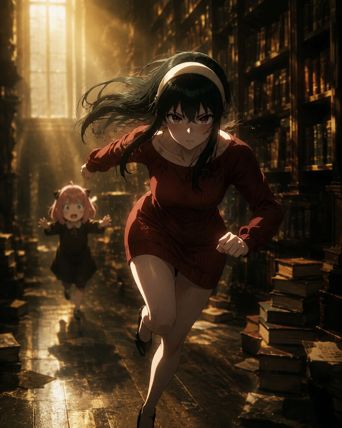 Sprinting through a crowded street to save Anya in a quiet library filled with golden dust motes (cinematic noir)