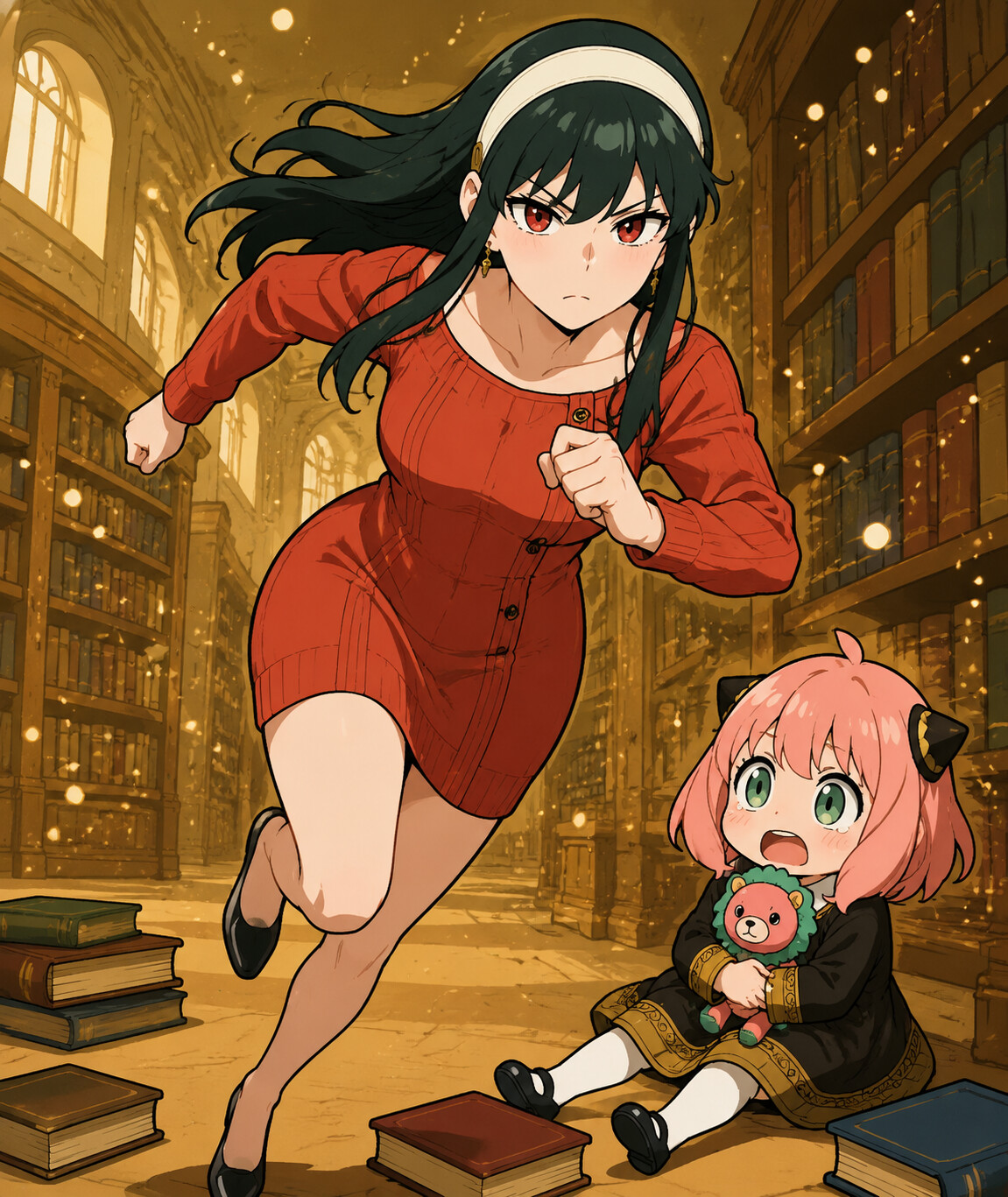 Sprinting through a crowded street to save Anya in a quiet library filled with golden dust motes (thick line art)