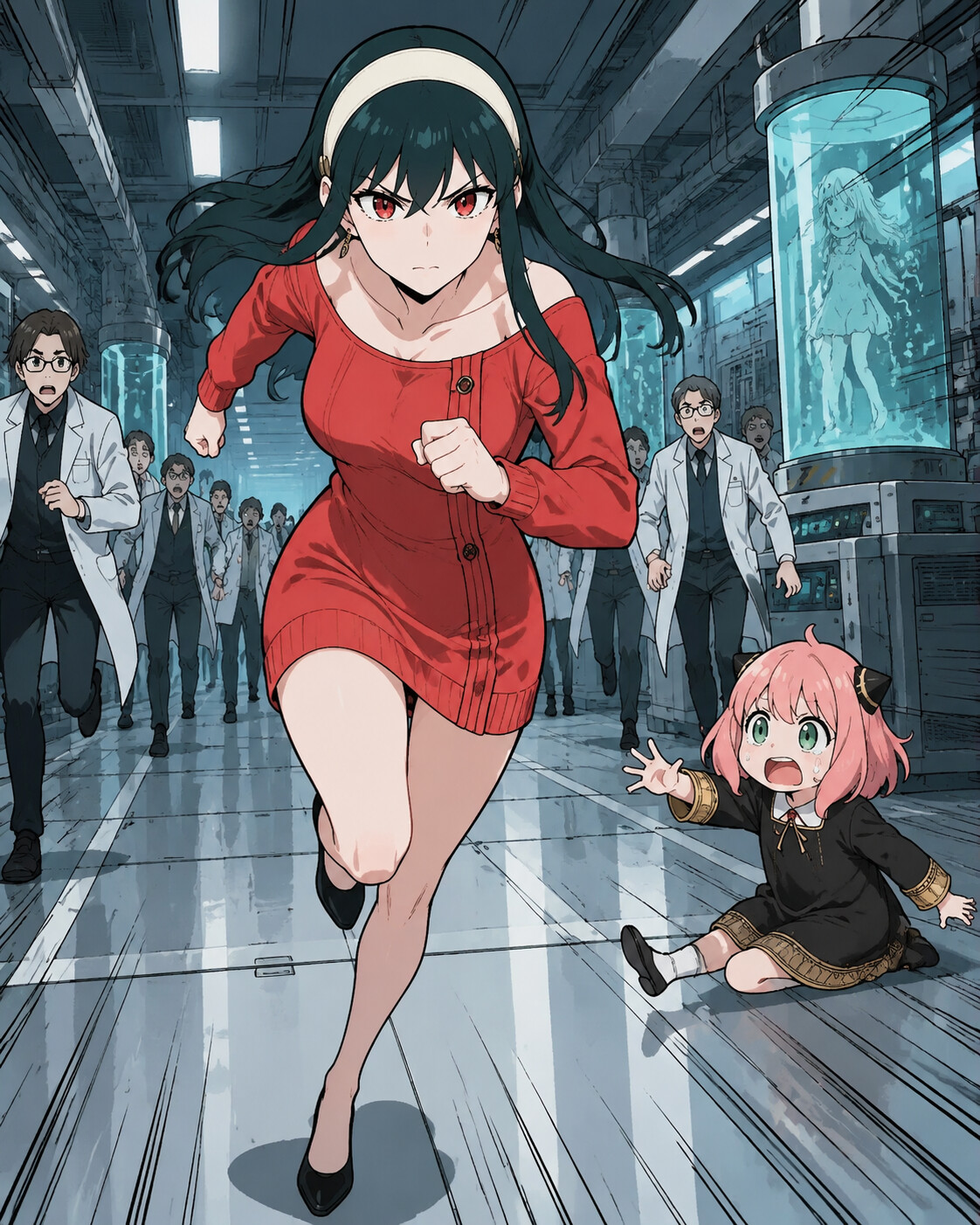 Sprinting through a crowded street to save Anya in a sterile cold underground research laboratory (thick line art)