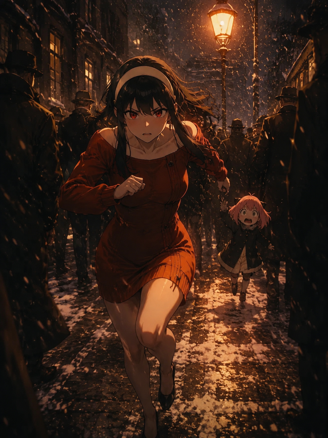 Sprinting through a crowded street to save anya On a snowy street under a dim orange lamppost (cinematic noir, high contrast shadows)