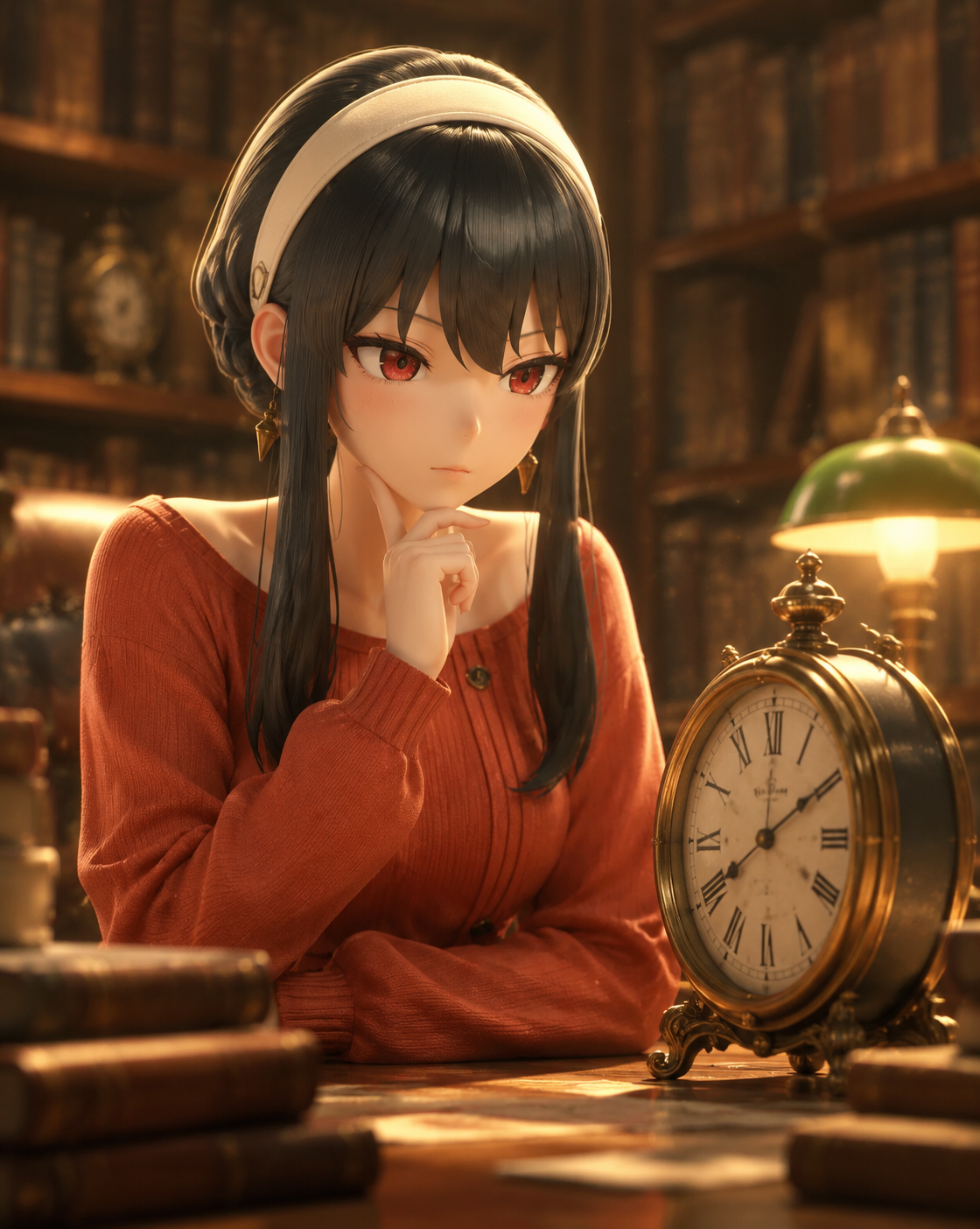 Staring intently at a ticking clock In a quiet library filled with golden dust motes (fluffy 3D render, studio lighting)