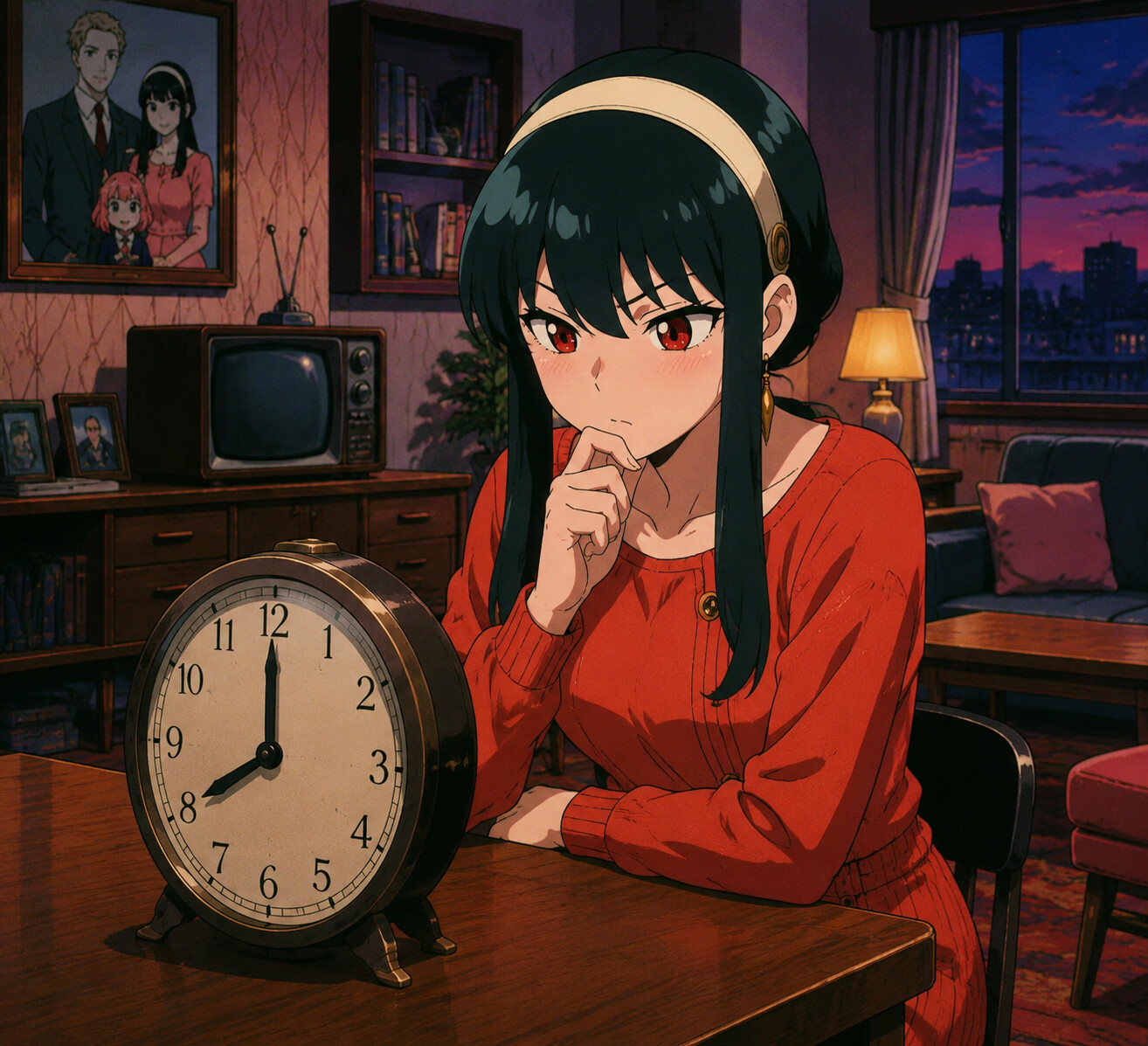 Staring intently at a ticking clock in the cozy Forger family living room at dusk (classic 90s anime aesthetic)