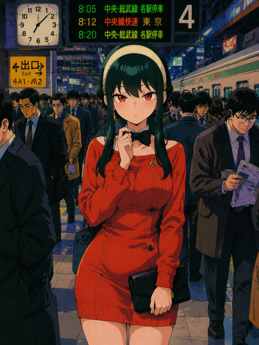 Wearing a formal bowtie for a dinner party At a bustling urban train station during rush hour (classic 90s anime aesthetic, vibrant colors)