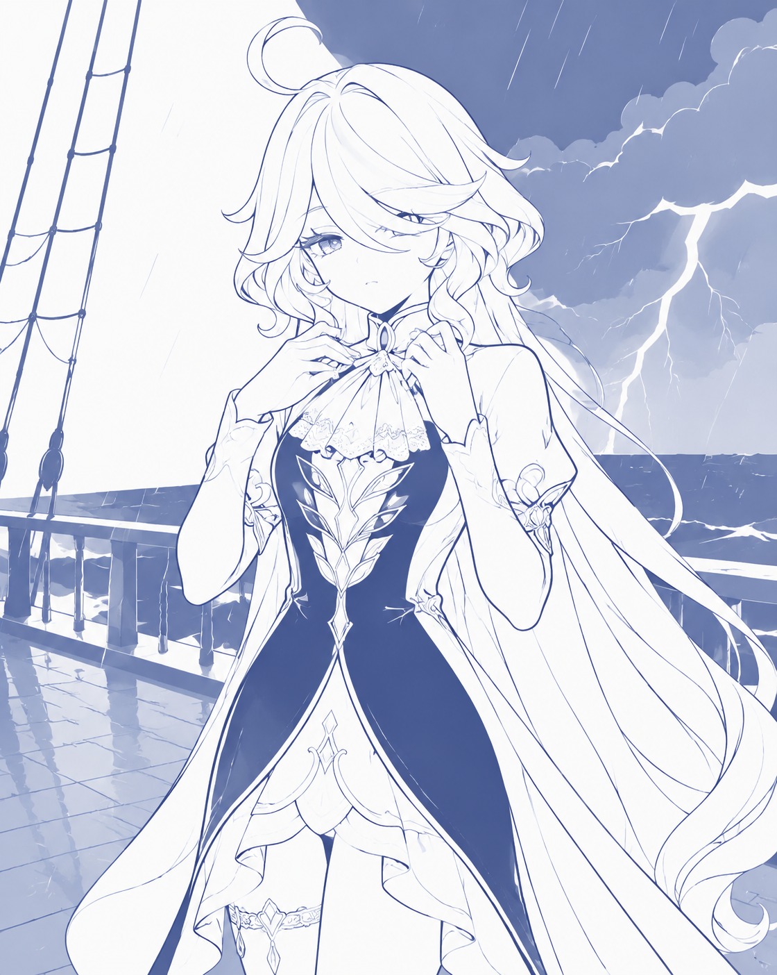 Adjusting a delicate lace cravat On the deck of a ship during a thunderstorm (minimalist line art, clean strokes and limited palette)