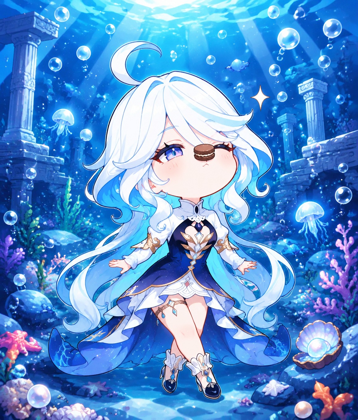 Balancing a chocolate macaron on her nose At the bottom of a silent primordial sea (chibi cute, vibrant colors and bubbly lines)