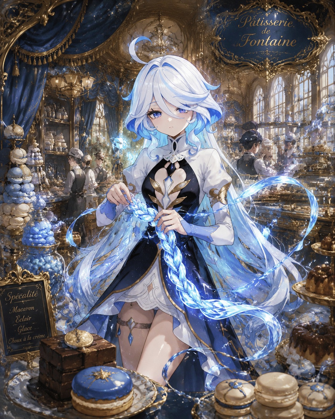Braiding strands of pure liquid energy In a bustling Fontaine bakery filled with sweets (baroque illustration, ornate details and velvet textures)