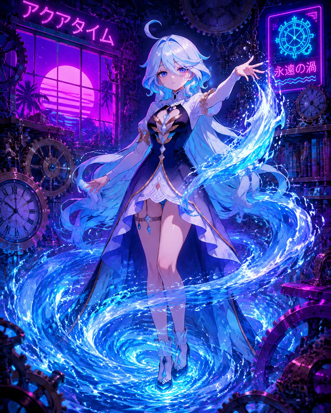 Conjuring a whirlpool with a graceful gesture In a cluttered workshop filled with clockwork gears (vaporwave aesthetic, neon cyan and magenta glow)