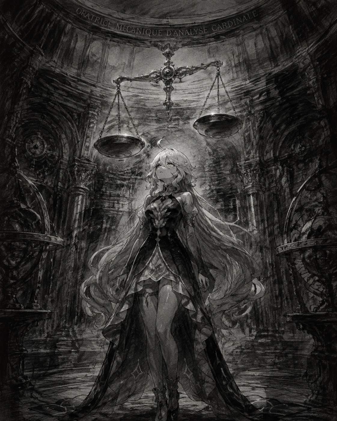 Gazing at floating scales of justice At the center of the Oratrice Mecanique d'Analyse Cardinale (charcoal sketch, rough edges and moody atmosphere)