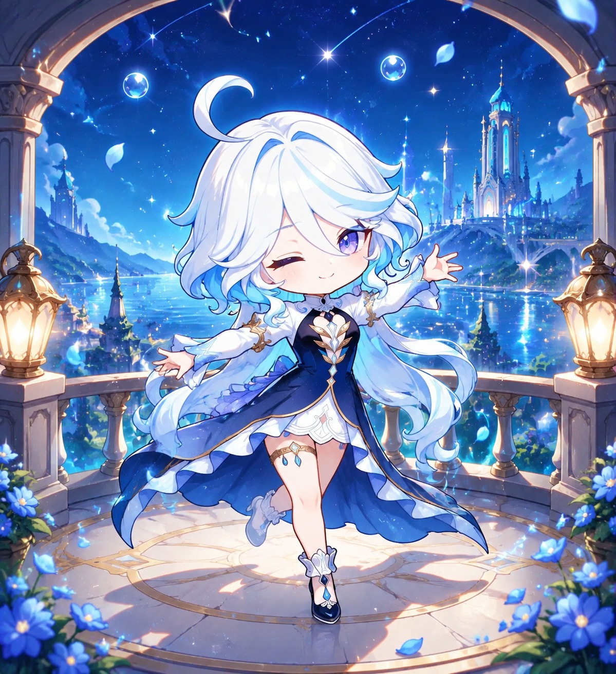 Performing a final solo dance upon the stage On a quiet balcony overlooking the Court of Fontaine (chibi cute, vibrant colors and bubbly lines)