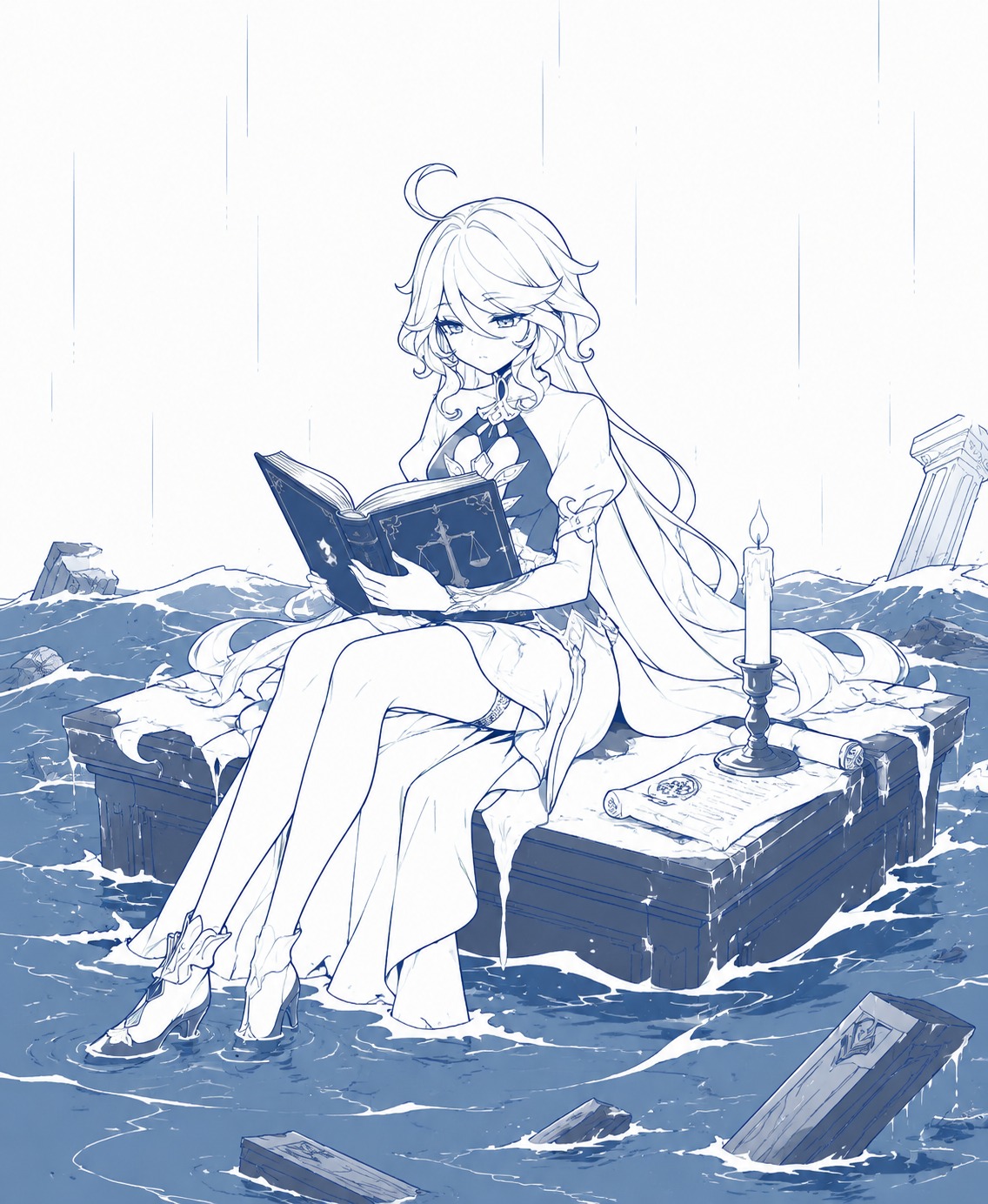 Reading a thick legal tome by candlelight On a sinking platform amidst a Great Flood (minimalist line art, clean strokes and limited palette)
