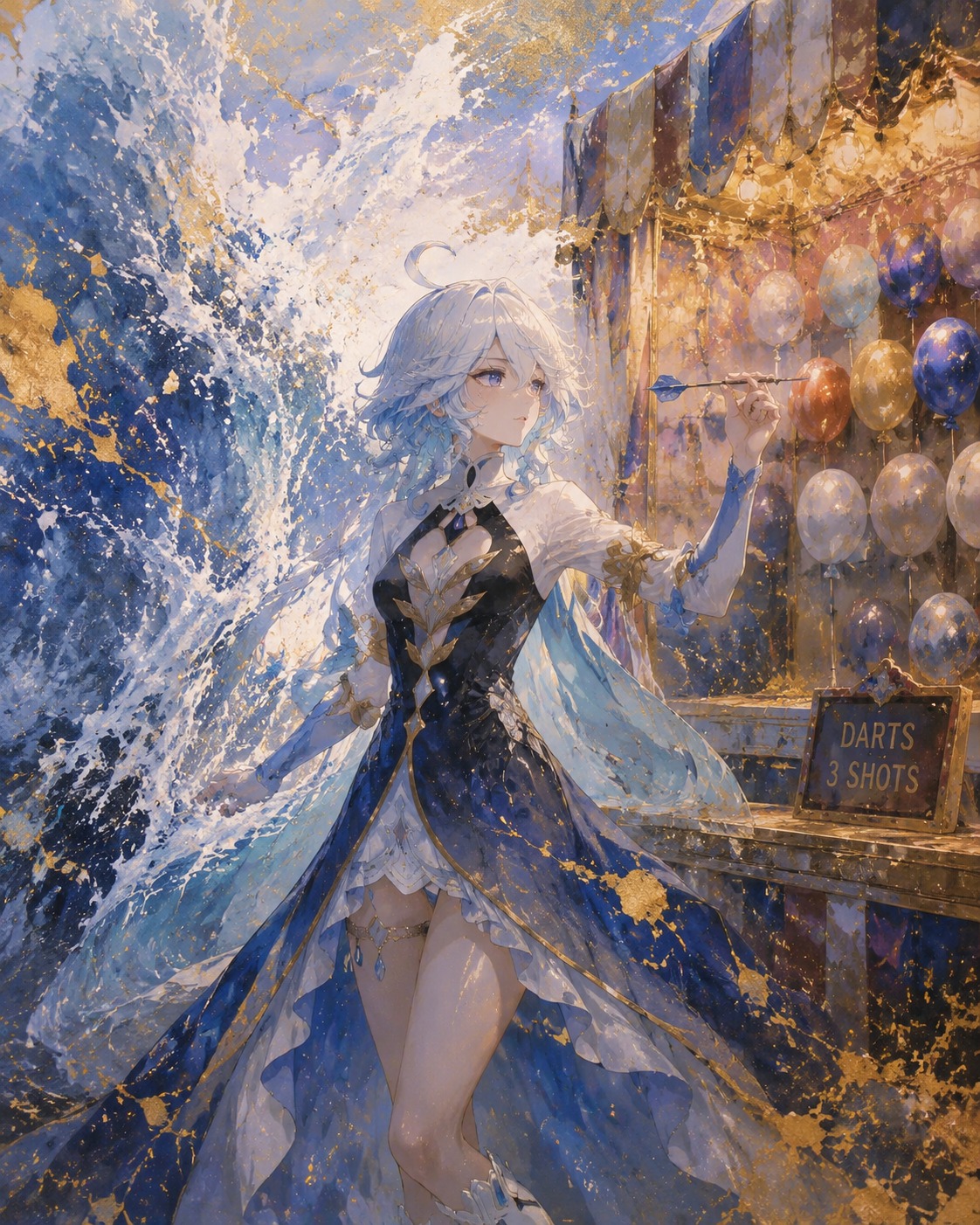 Shattering a massive wall of crushing water In a carnival booth throwing darts at balloons (ethereal oil painting, gold leaf accents)