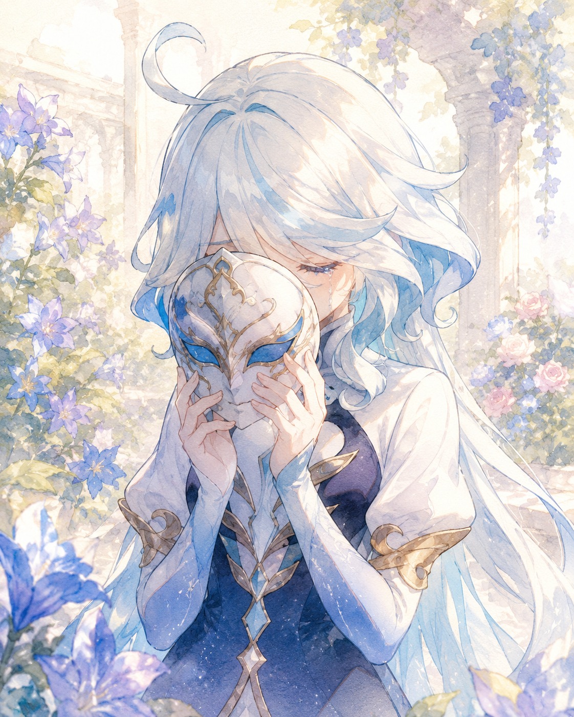 Weeping silently behind a porcelain mask In a sun-drenched garden of Romaritime Flowers (watercolor anime, soft lighting and pastel washes)