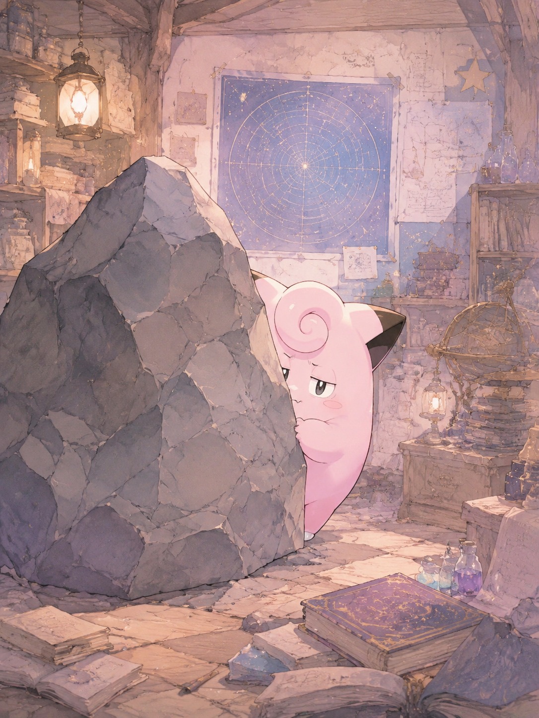 Cowering shyly behind a large jagged rock In a cluttered workshop filled with star maps (soft watercolor anime, pastel tones)