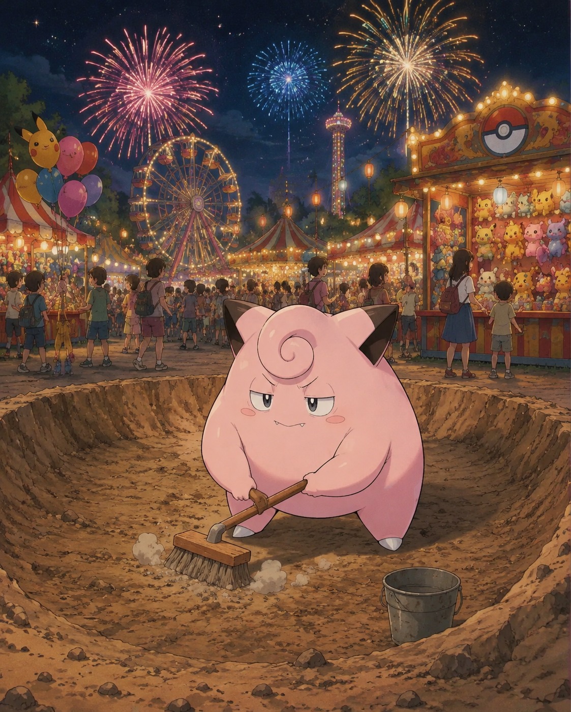 Scrubbing a dusty crater floor with a brush At a crowded carnival under exploding fireworks (Studio Ghibli aesthetic, lush hand-painted backgrounds)
