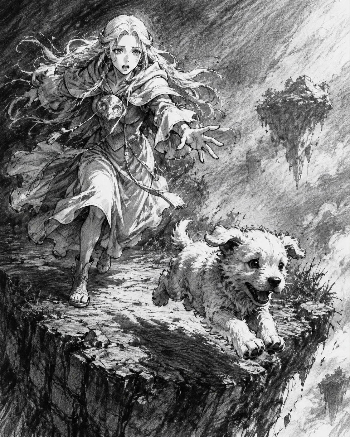 Chasing a runaway puppy At the edge of a floating island (gritty charcoal sketch, high contrast)