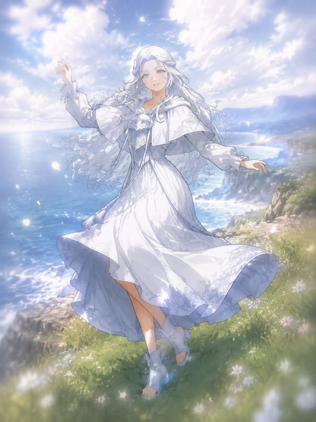 Dancing a spirited jig On a grassy cliffside overlooking the sea (ethereal dreamcore, blurred edges)