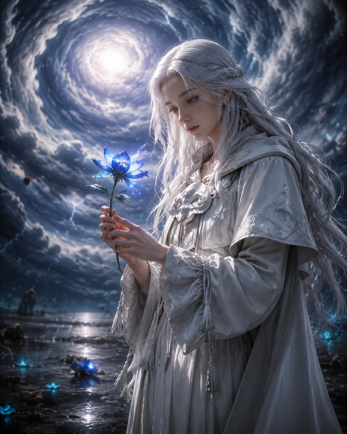 Examining a curious blue flower In the eye of a cosmic storm (hyper-realistic 3D render, cinematic lighting)