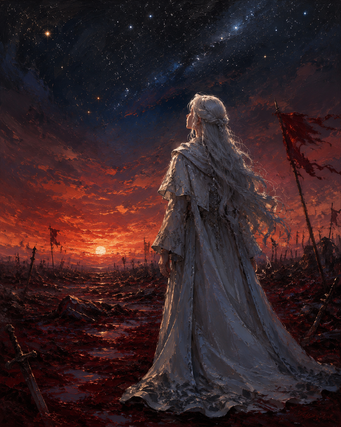 Gazing at the distant stars On a blood-red battlefield at dusk (dramatic oil painting, heavy brushstrokes)