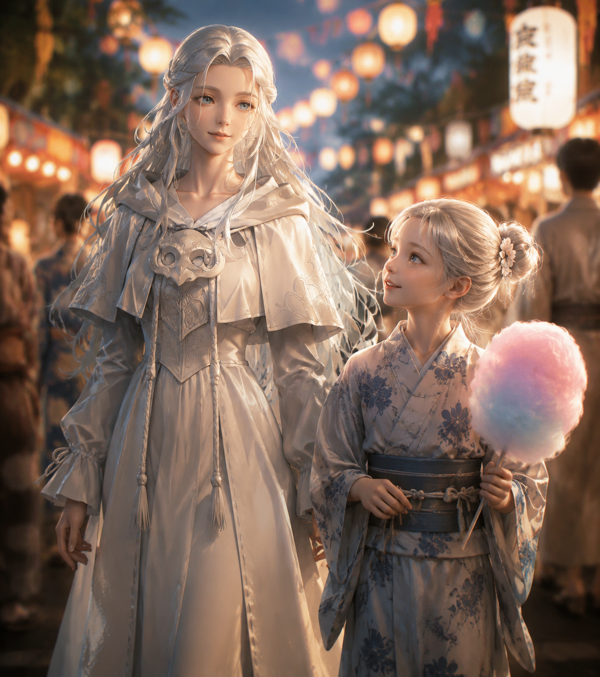 Guiding a young apprentice At a colorful summer festival (hyper-realistic 3D render, cinematic lighting)