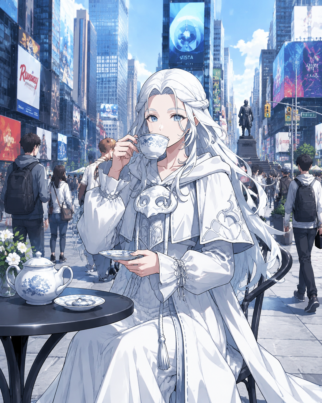 Sipping a cup of tea In a bustling modern city square (cel-shaded character art, sharp lines)