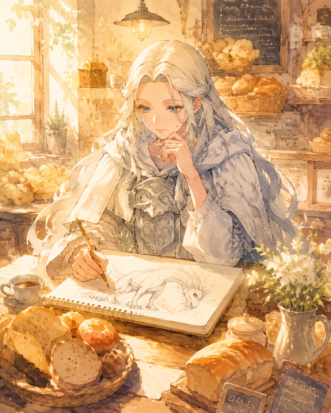 Sketching a strange beast In a cozy bakery smelling of bread (soft watercolor anime, golden lighting)