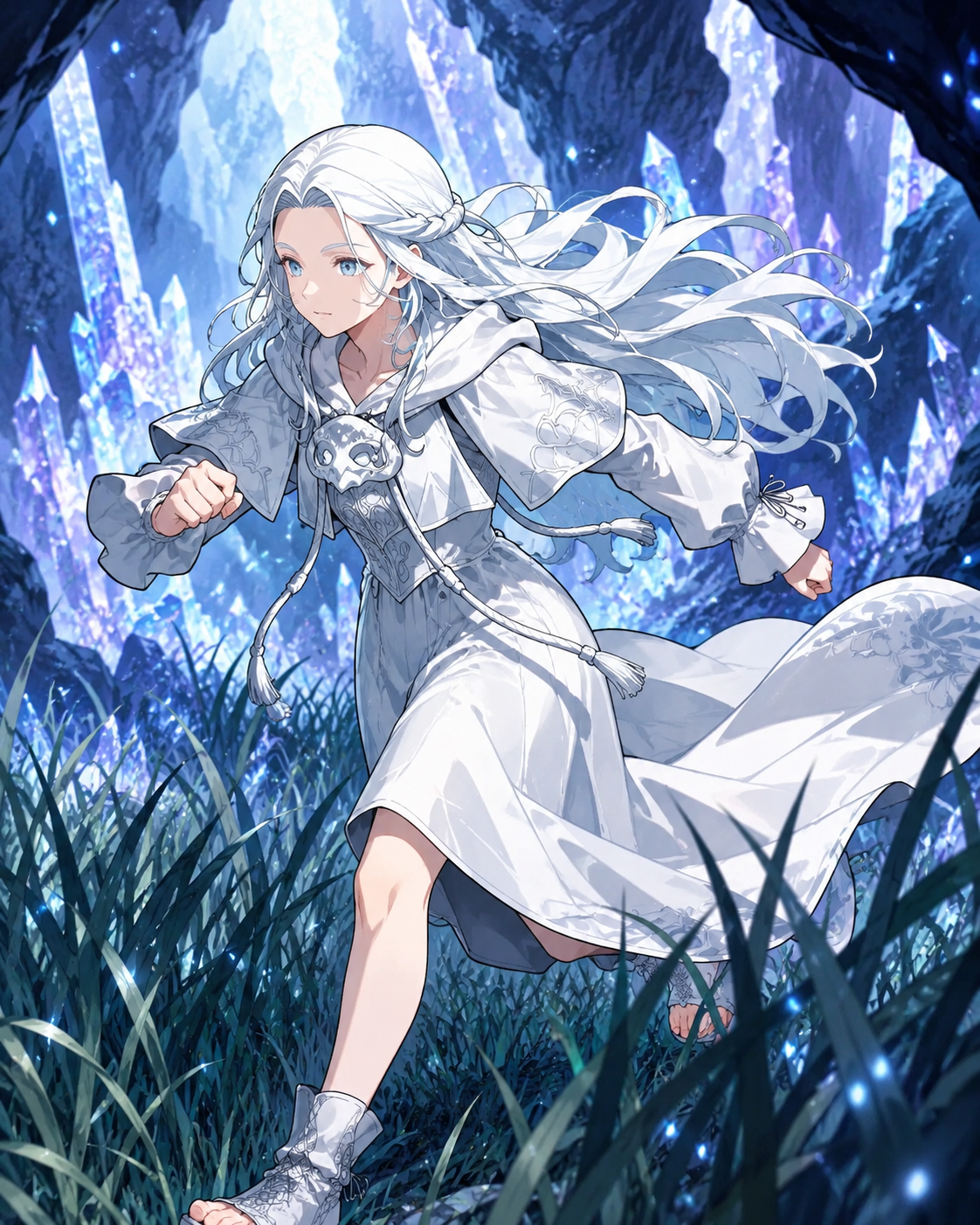 Sprinting through tall grass In a glowing crystal cavern (cel-shaded character art, sharp lines)