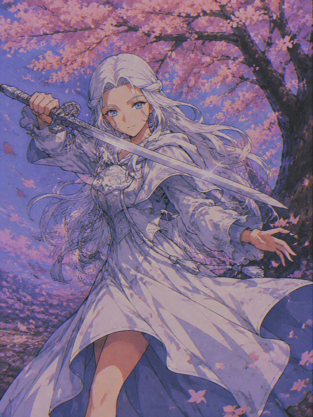 Swinging her silver blade Under a blooming cherry blossom tree (retro 90s anime, lo-fi aesthetic)