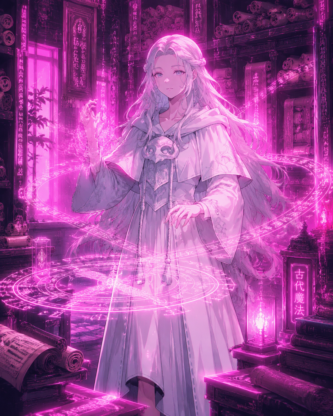 Weaving an ancient spell In a quiet library of scrolls (neon vaporwave, bright pinks)
