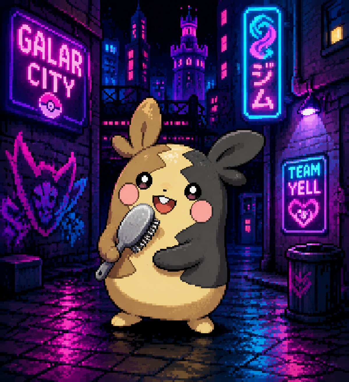 Grooming its fur with a silver brush In a neon-lit Galar city alleyway (retro 8-bit pixel art)