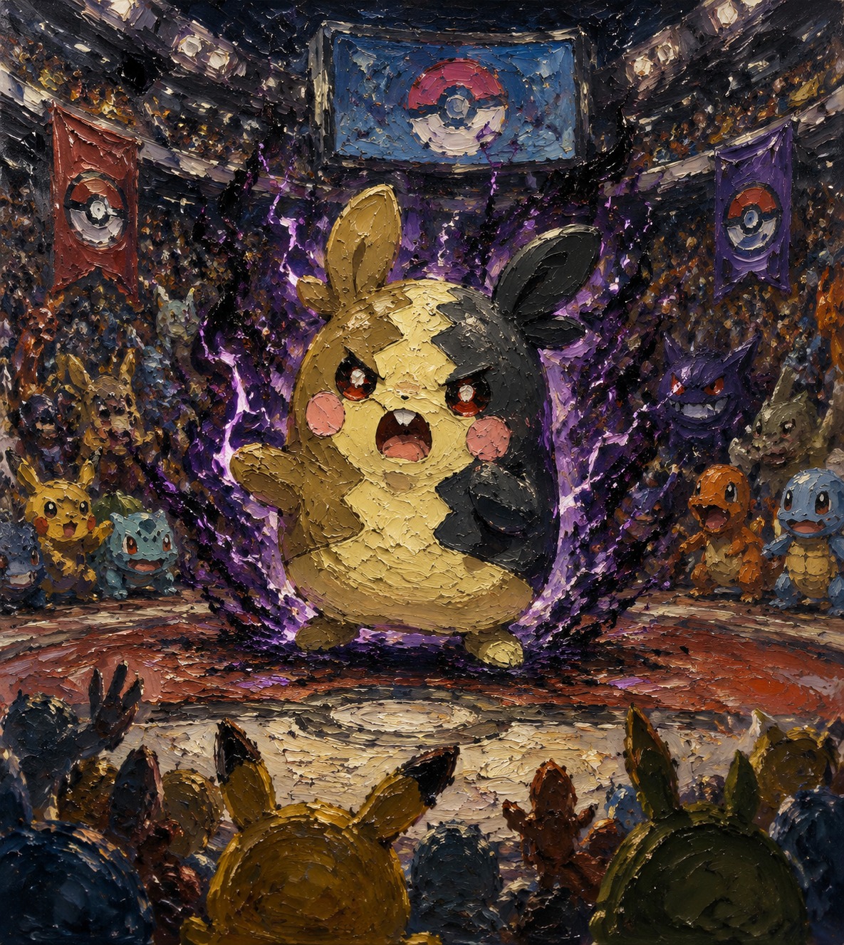 Sparking with dark energy in hangry mode At the center of a crowded Pokémon stadium (oil painting, thick impasto brushstrokes)