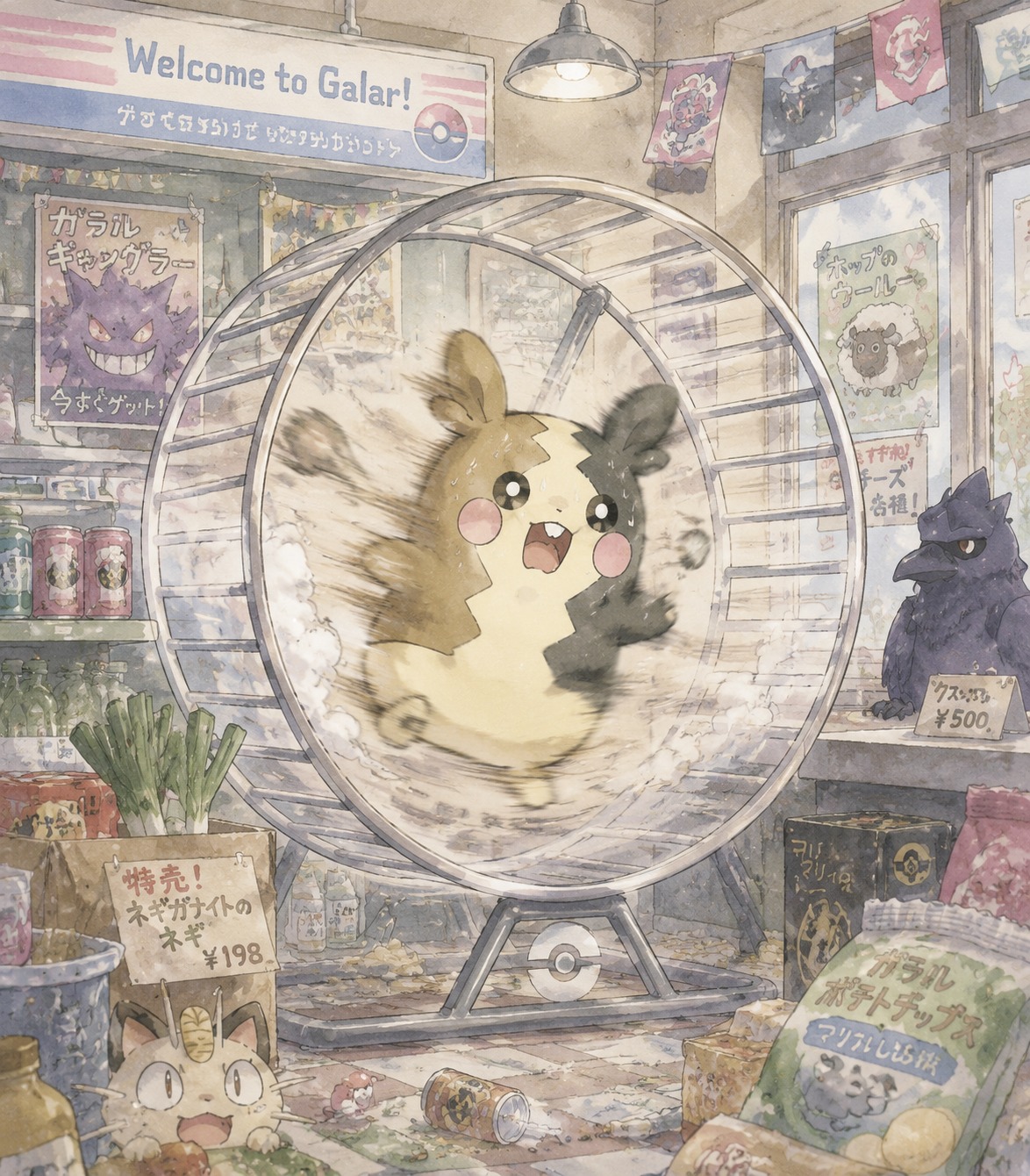Spinning wildly inside a giant hamster wheel In a cluttered Galarian convenience store (soft watercolor, pastel color palette)
