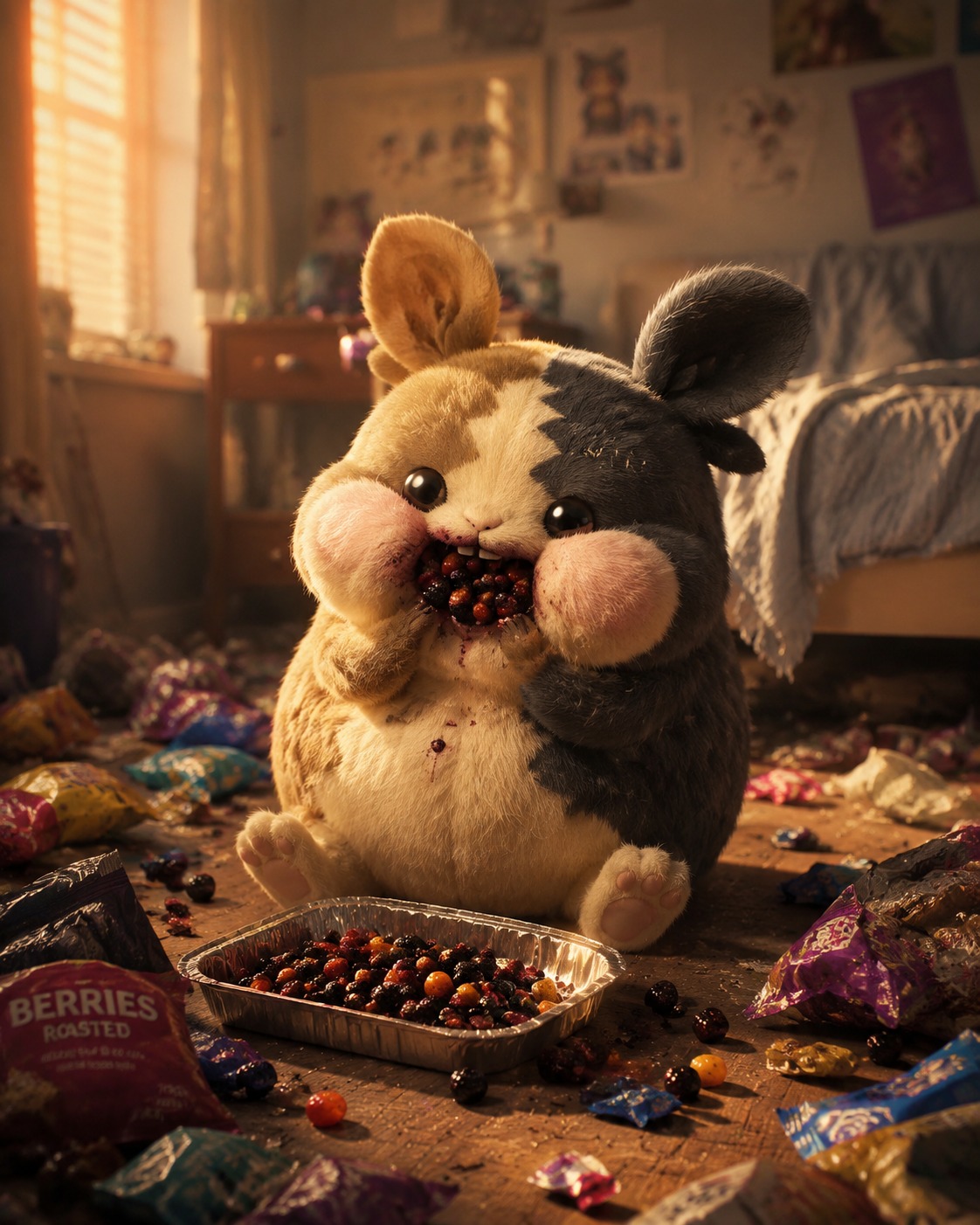 Stuffing its cheeks with roasted berries In a messy bedroom strewn with candy wrappers (cinematic 3D render, realistic fur textures)