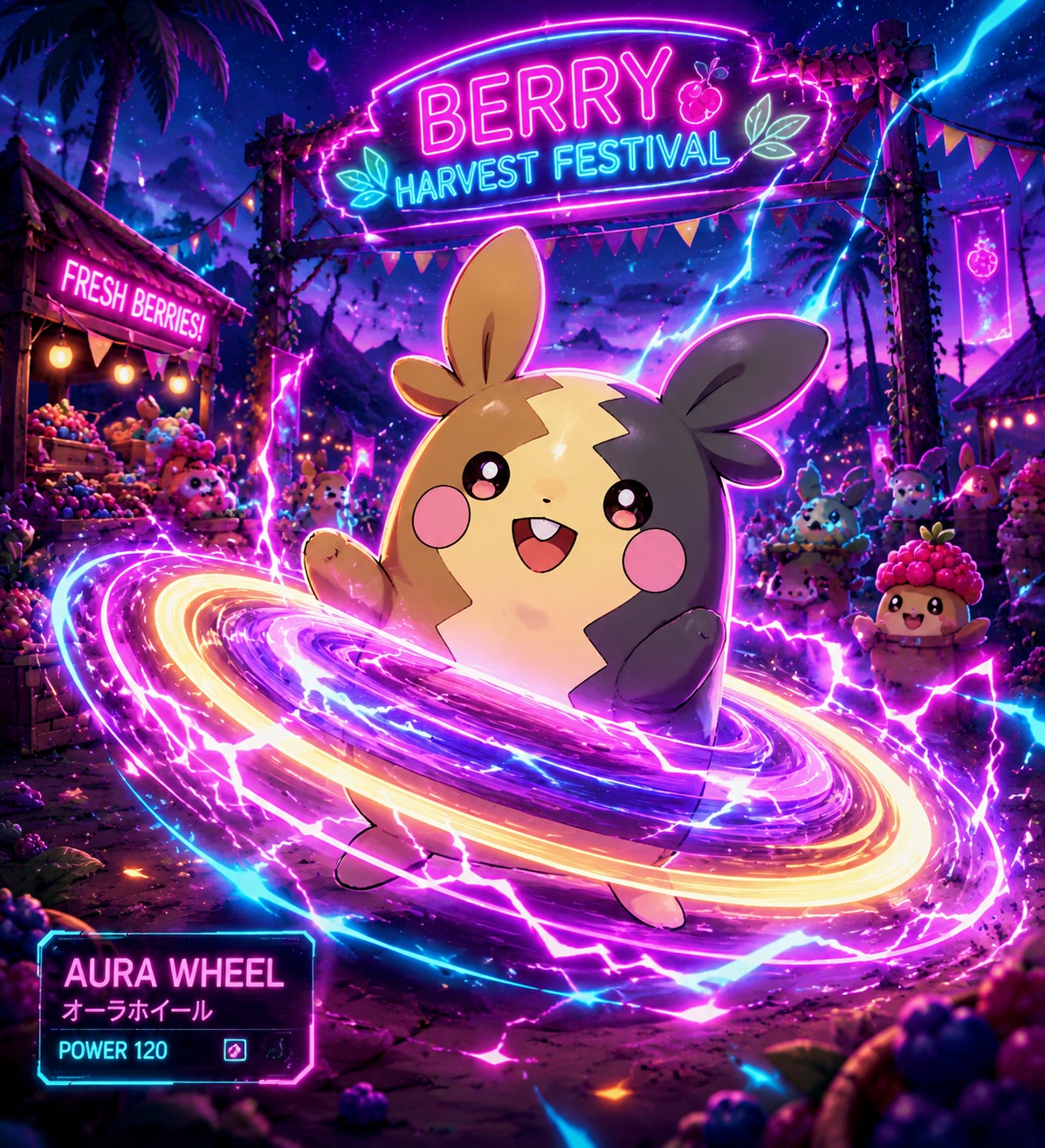 Unleashing a powerful aura wheel attack At a festive berry harvest festival (neon vaporwave, glowing electric accents)
