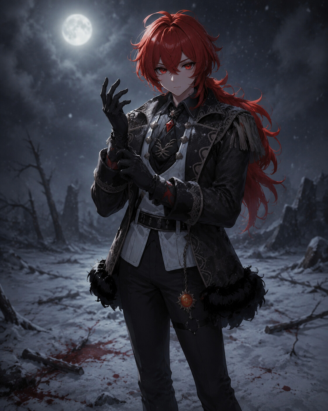 Adjusting his black leather gloves in a snowy clearing under a pale moon (gritty concept art)