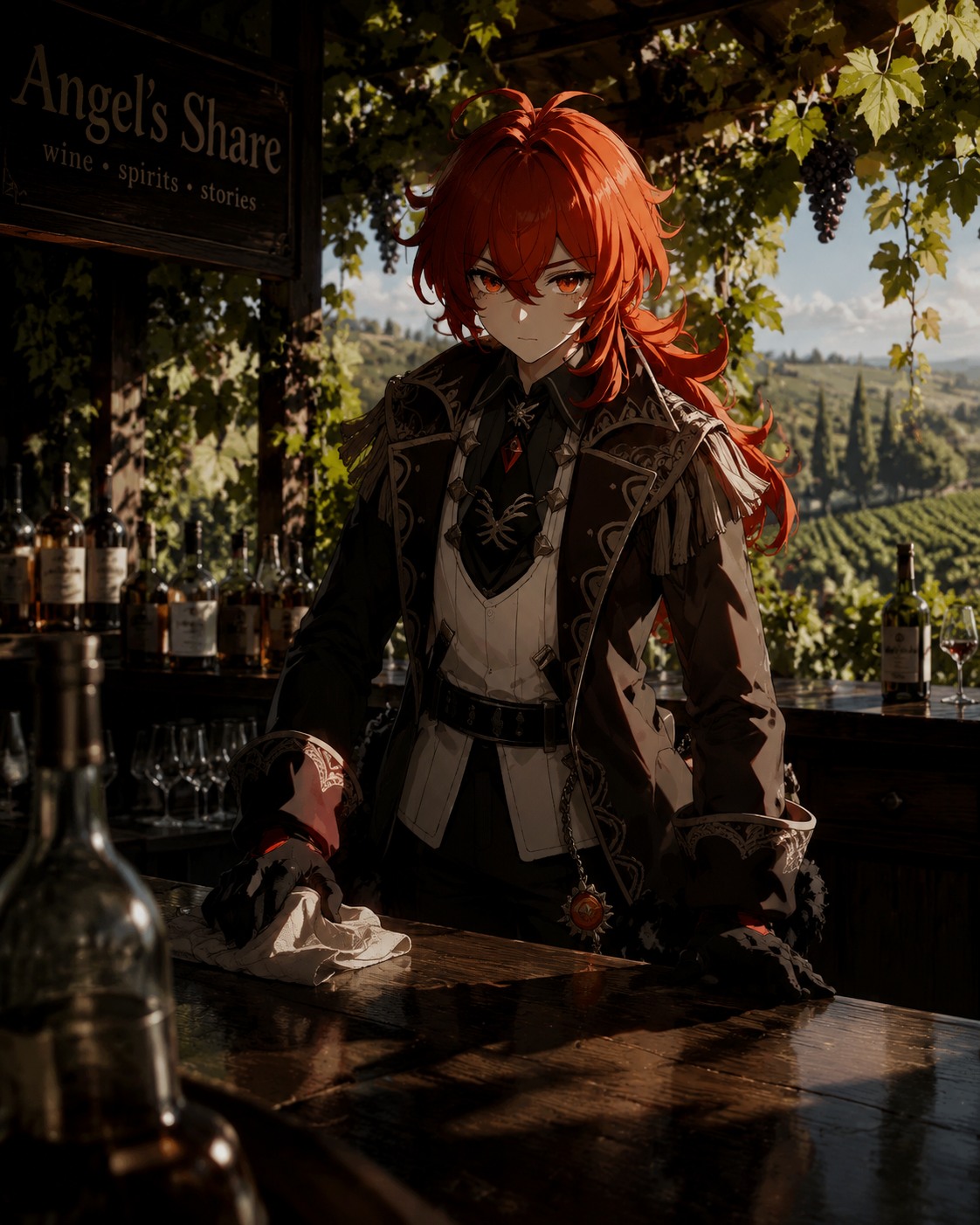 Cleaning the counter at angel's share In the lush vineyards during a summer breeze (cinematic noir, dramatic high-contrast shadows)