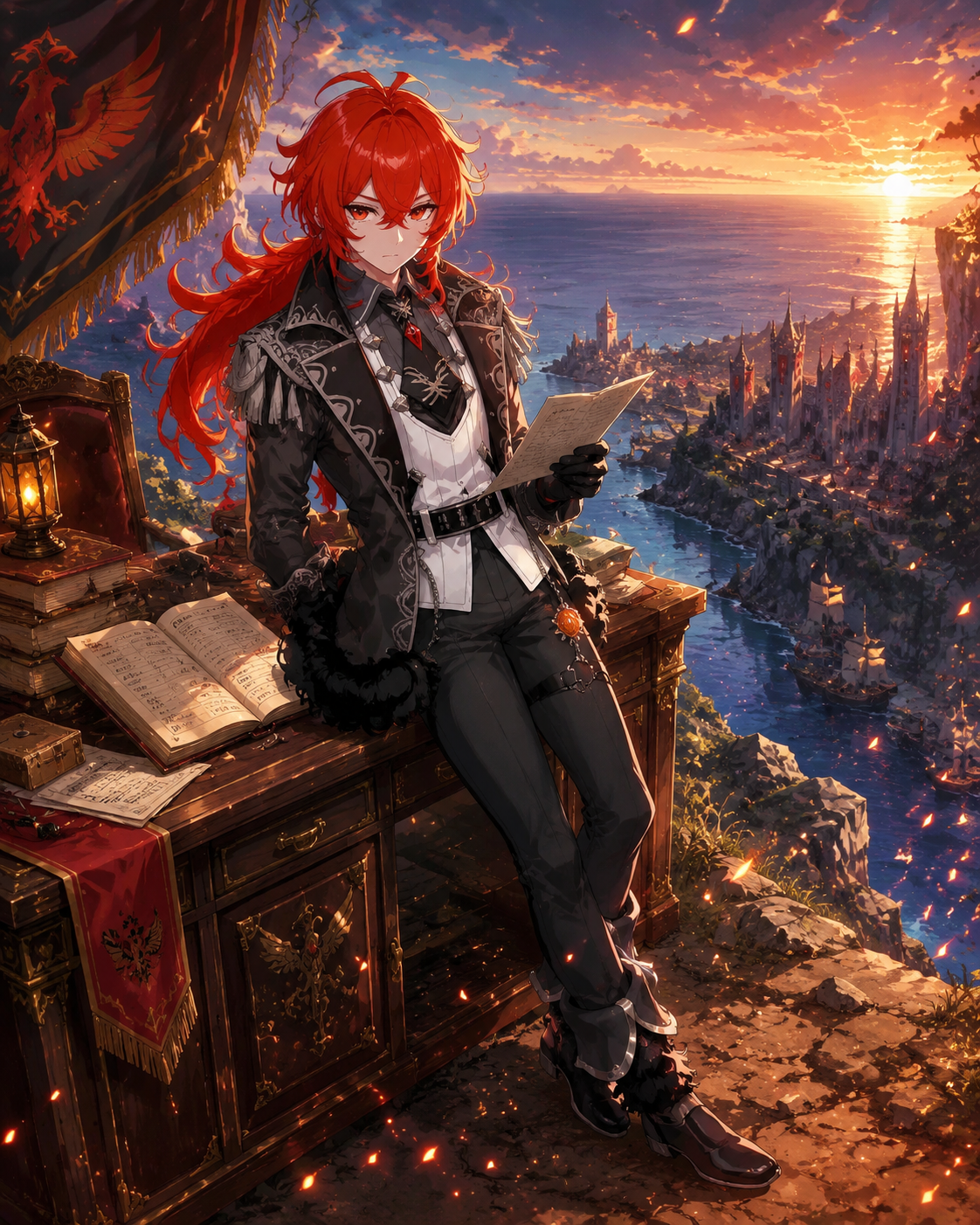 Leaning against a mahogany desk reviewing ledgers At the edge of a cliff overlooking Falcon Coast (vibrant anime style, glowing ember particles)