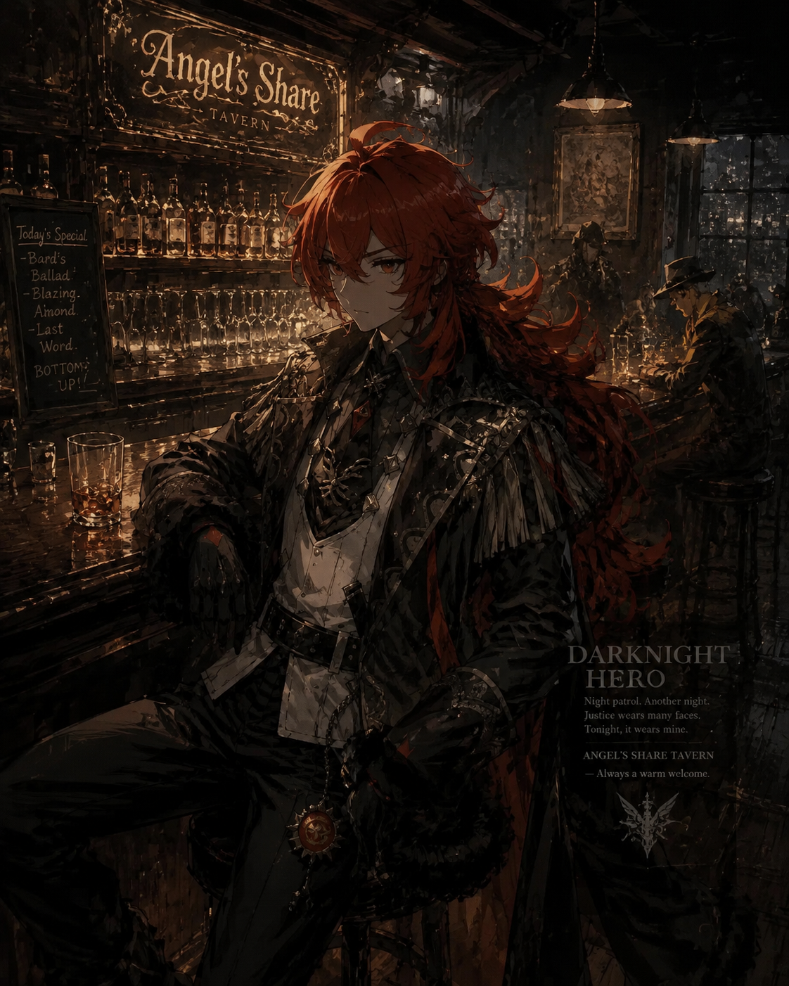 Patrolling the city in his darknight hero outfit At the polished bar of Angel's Share tavern (gritty concept art, dark moody atmosphere)