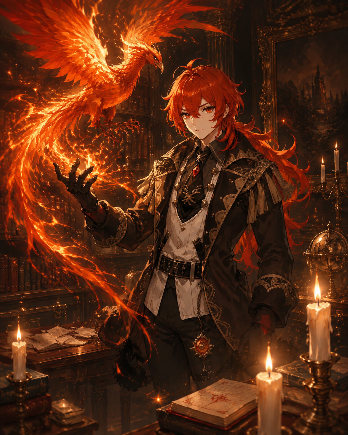 Releasing a majestic phoenix of fire in his private study lit by flickering candlelight (elegant oil painting)