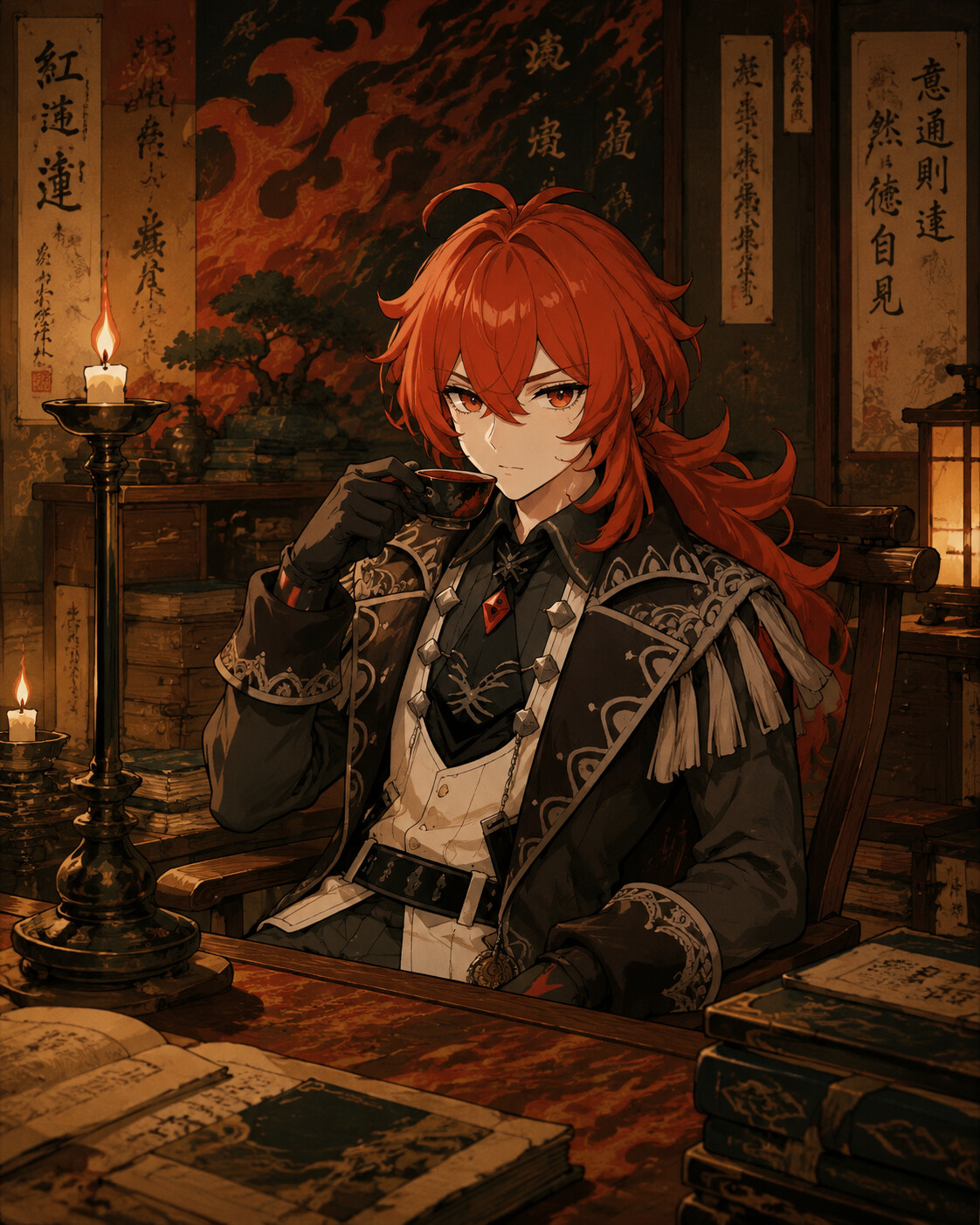 Sipping tea with a stern expression in his private study lit by flickering candlelight (detailed ukiyo-e)