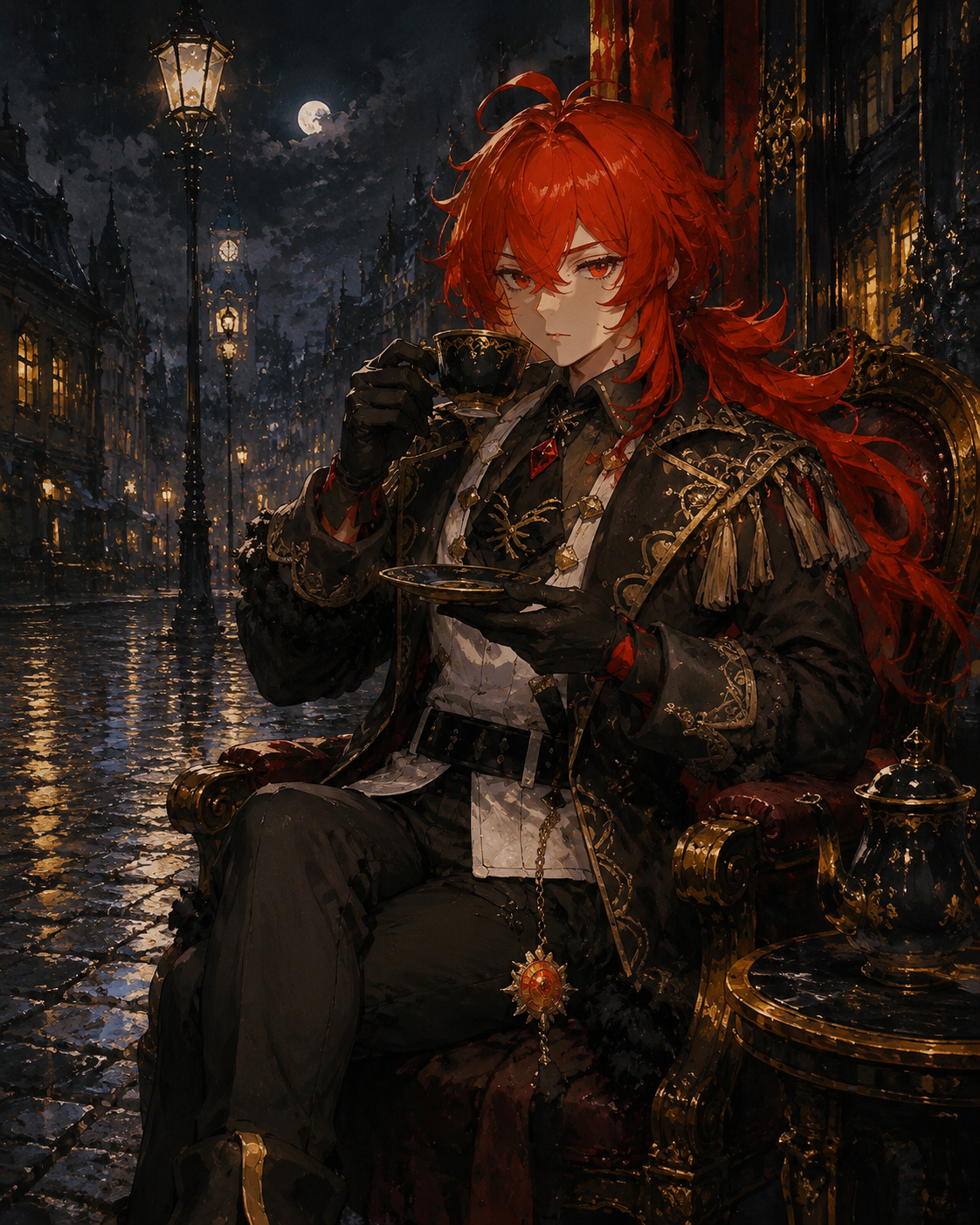 Sipping tea with a stern expression On a rain-slicked cobblestone street at midnight (elegant oil painting, rich textures and gold trim)