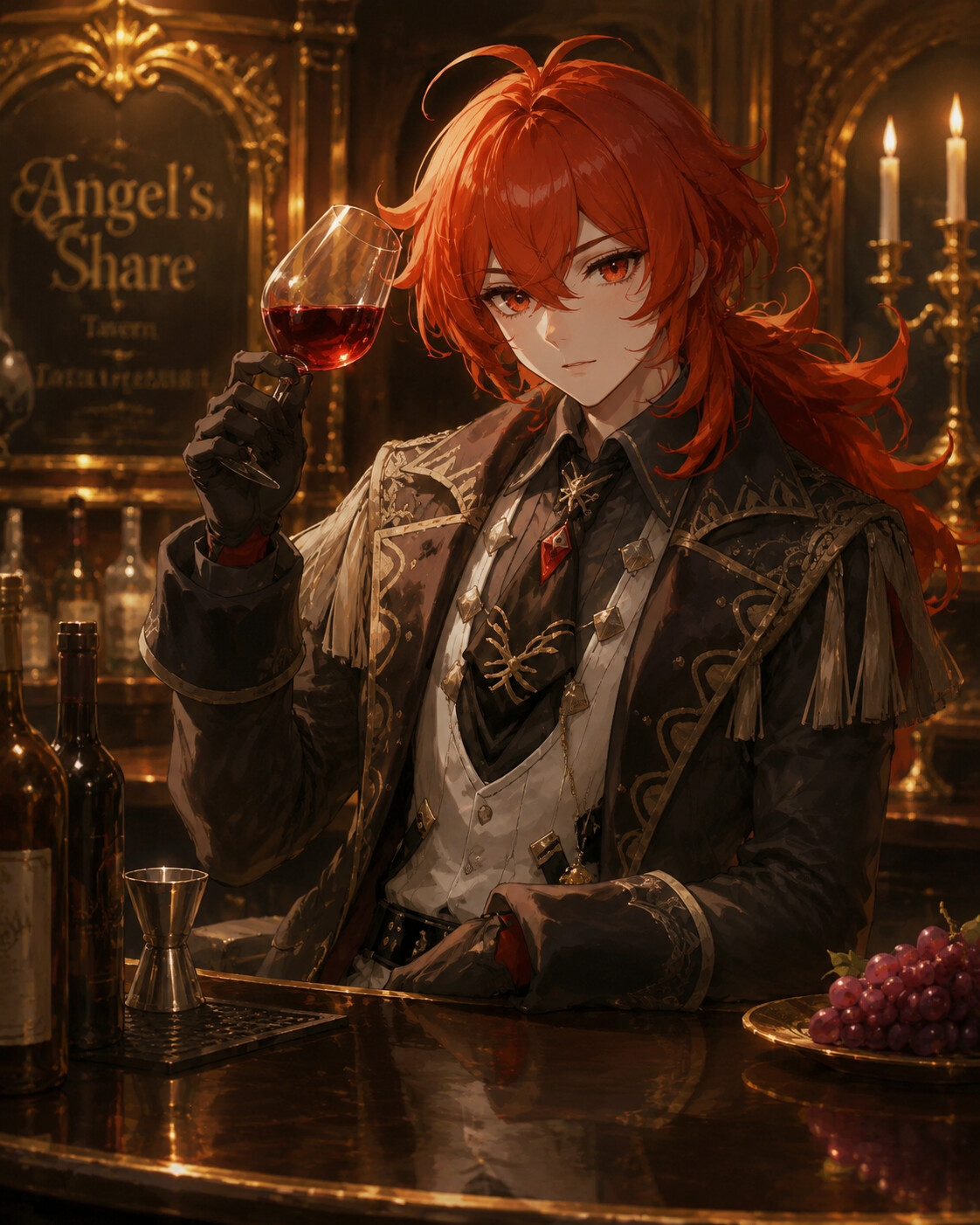 Swirling a glass of red grape juice at the polished bar of Angel's Share tavern (elegant oil painting)