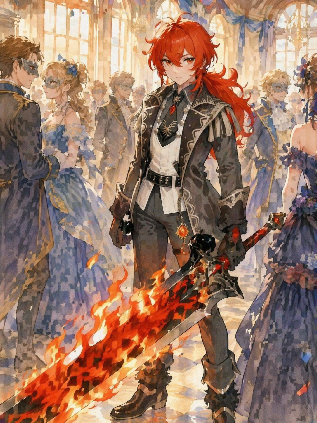 Wielding a massive claymore wreathed in flames At a crowded masquerade ball in Mondstadt (soft watercolor, morning light through windows)