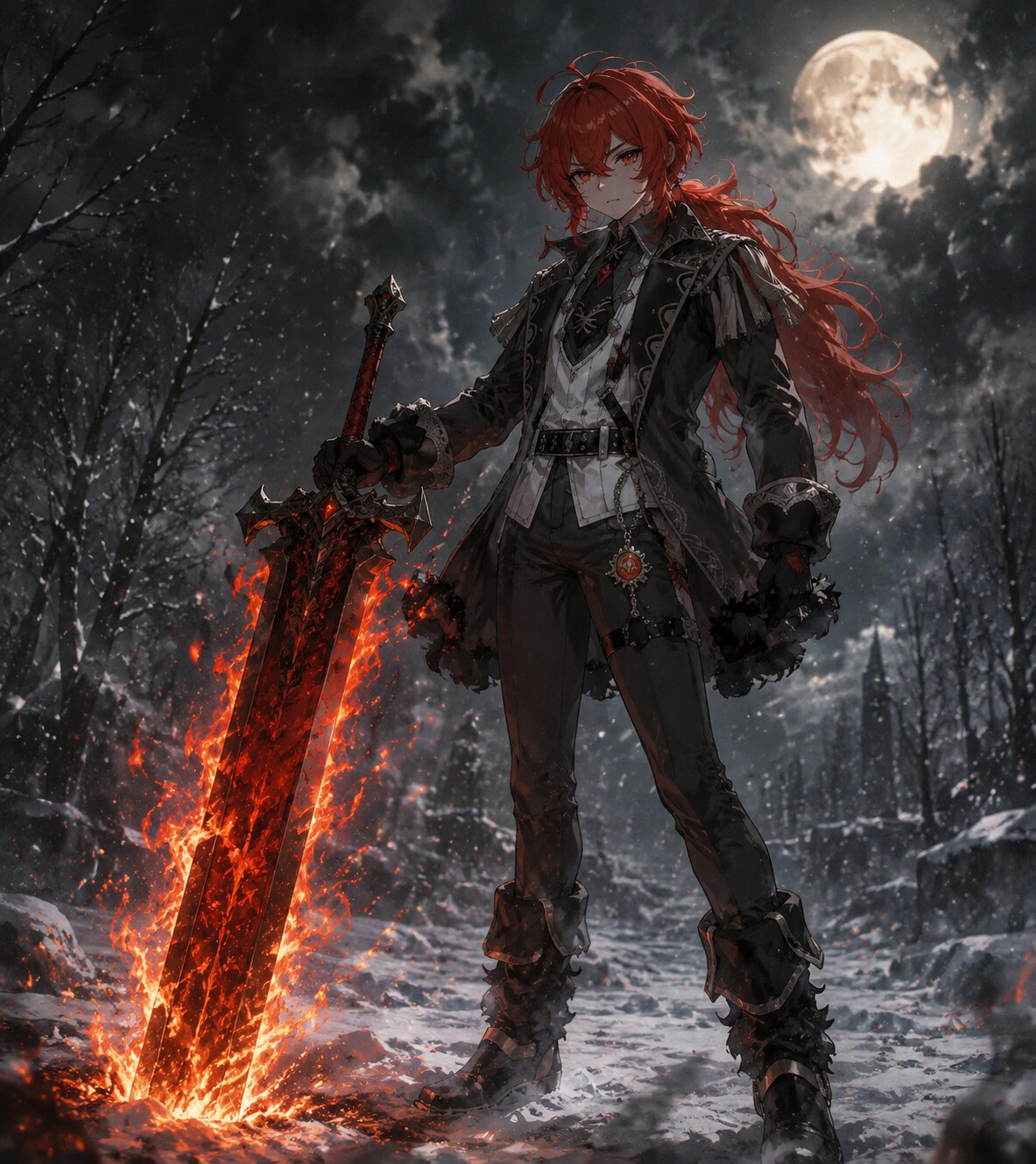 Wielding a massive claymore wreathed in flames in a snowy clearing under a pale moon (gritty concept art)
