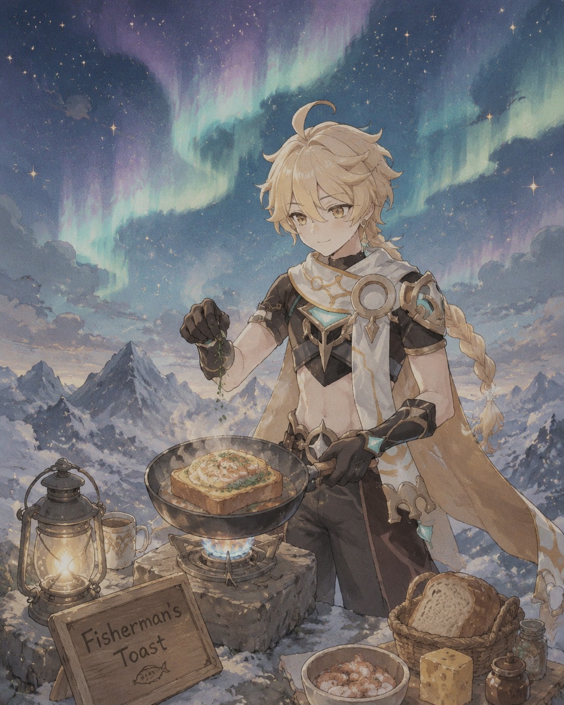 Cooking a fragrant fisherman's toast On a snowy peak under the aurora borealis (whimsical storybook illustration, muted pastel tones)